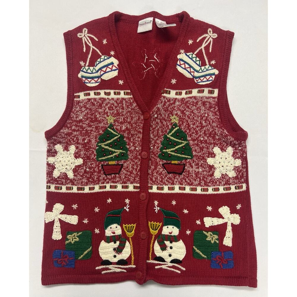 Women’s Christmas Sweater Vest S Bobbie Brooks Beaded Embroidered Snowmen